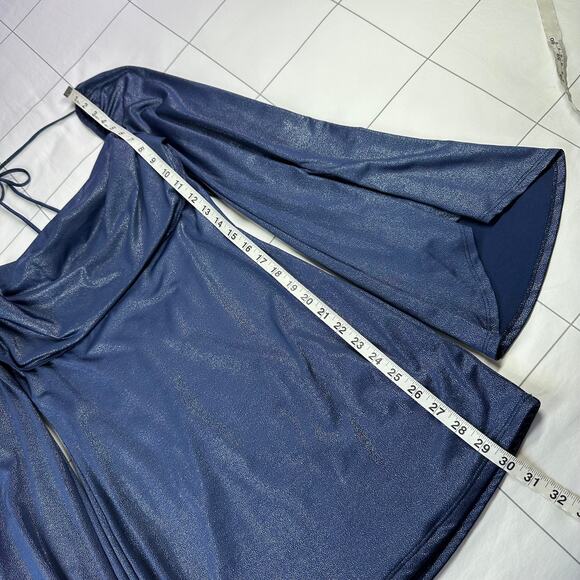 Lucy in the Sky Dress Womens Medium Blue Foil Flare Sleeve Mini Party Drape - Picture 10 of 11